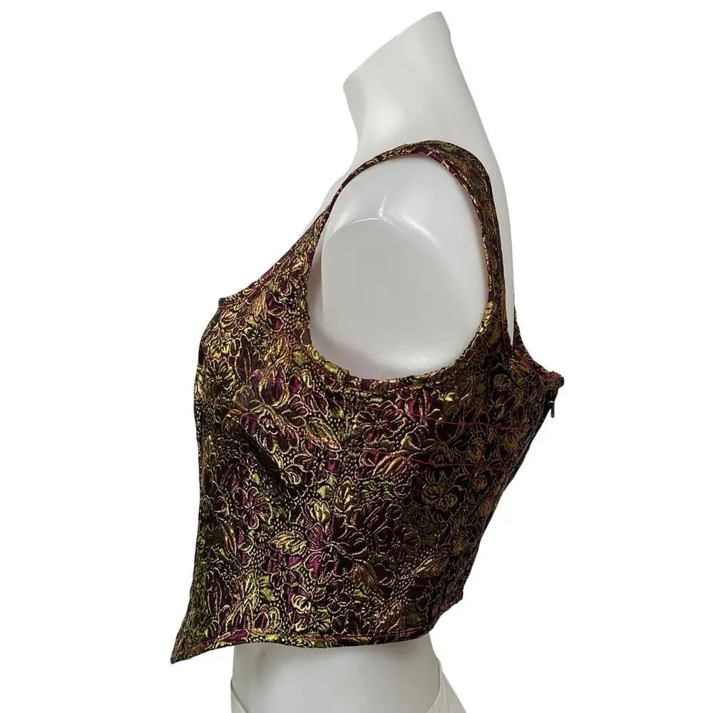 NBD Ada Gold Metallic Floral Sleeveless Tank Corset Bustier Crop Top Size M